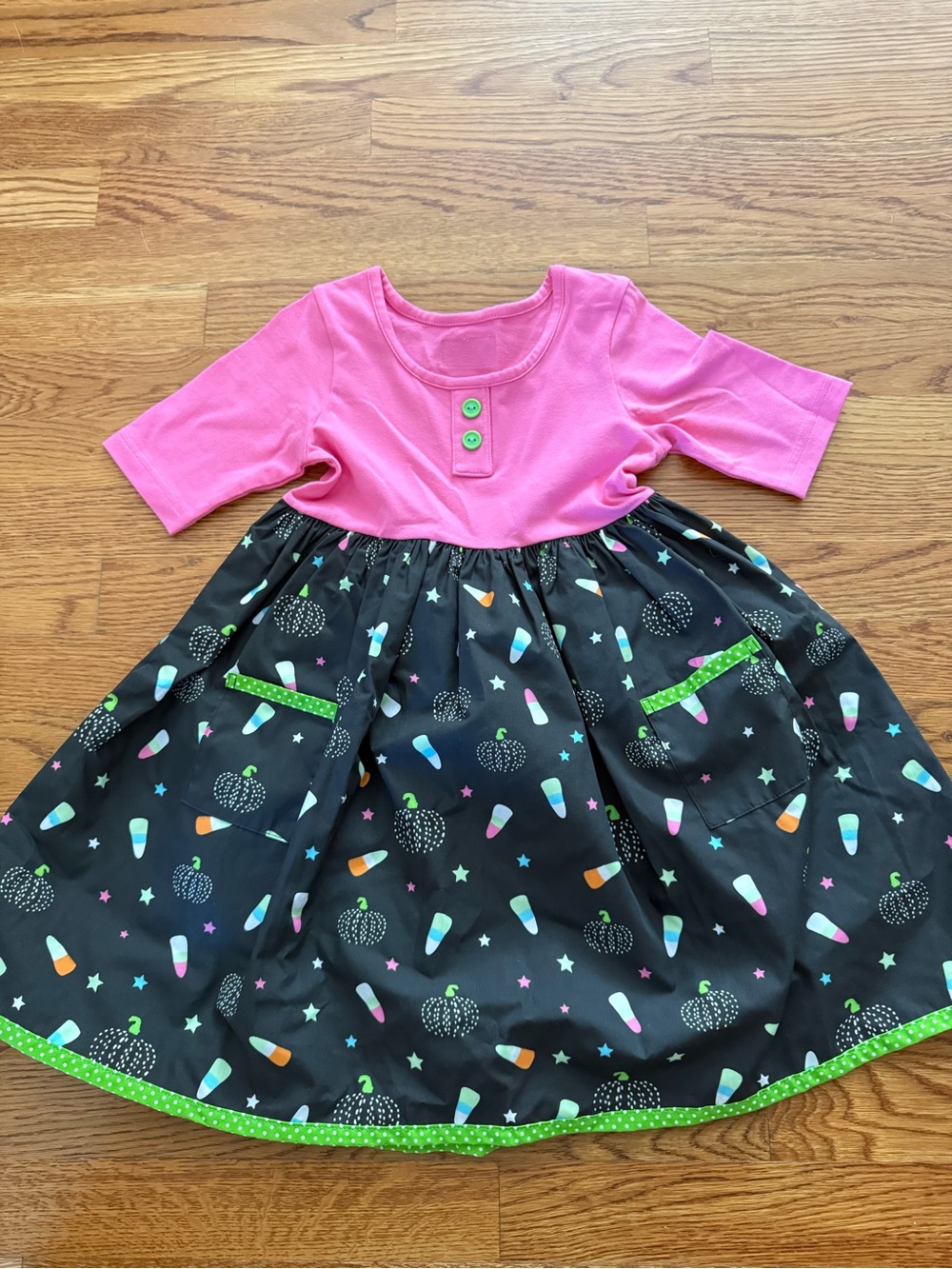 Eleanor Rose Pink Bodice Black Candy Corn & Pumpkin Print Dress size 5/6